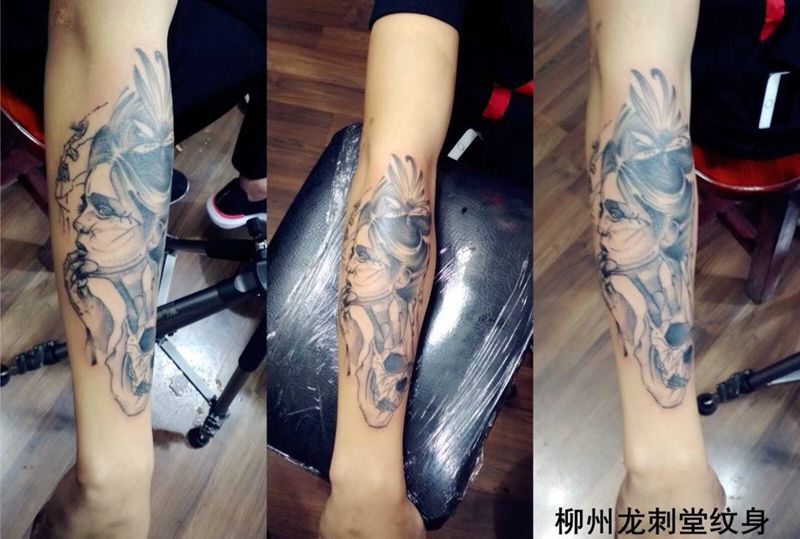 花臂纹身图片_成品手臂欧美肖像几何人物纹身图案