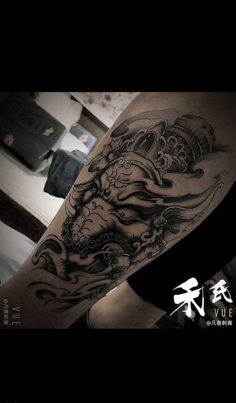 象神纹身图片_腿部新传统纹身图案