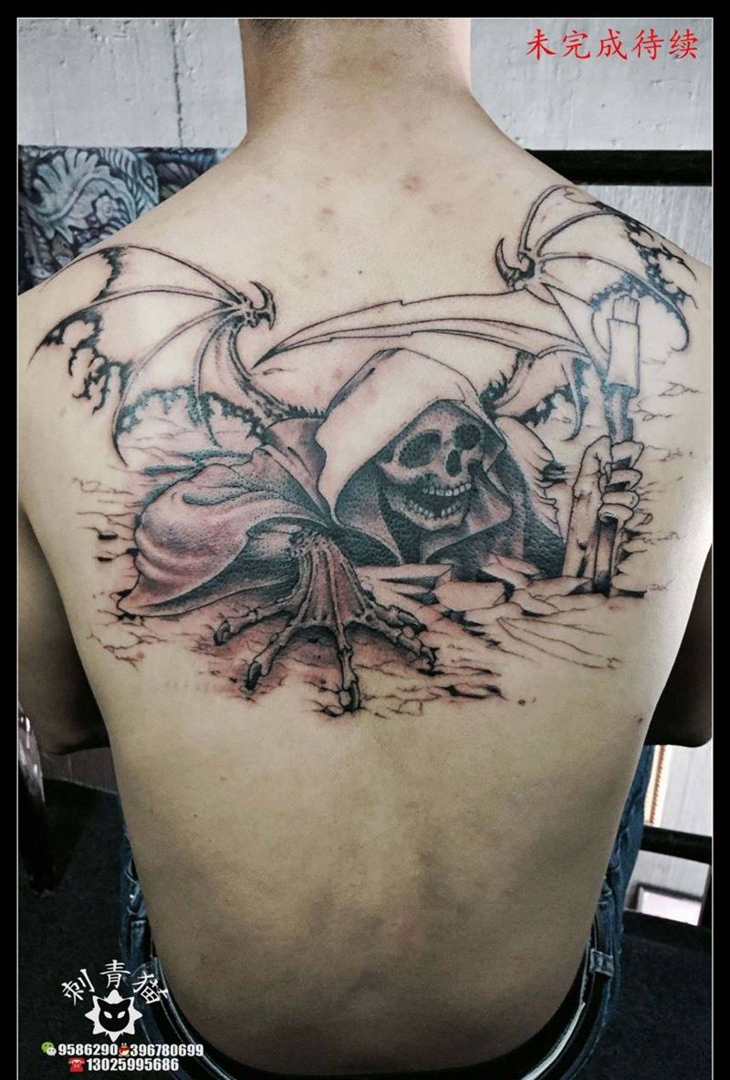死神.未完成.下次继续.纹身图片_背部鬼神欧美插画纹身图案