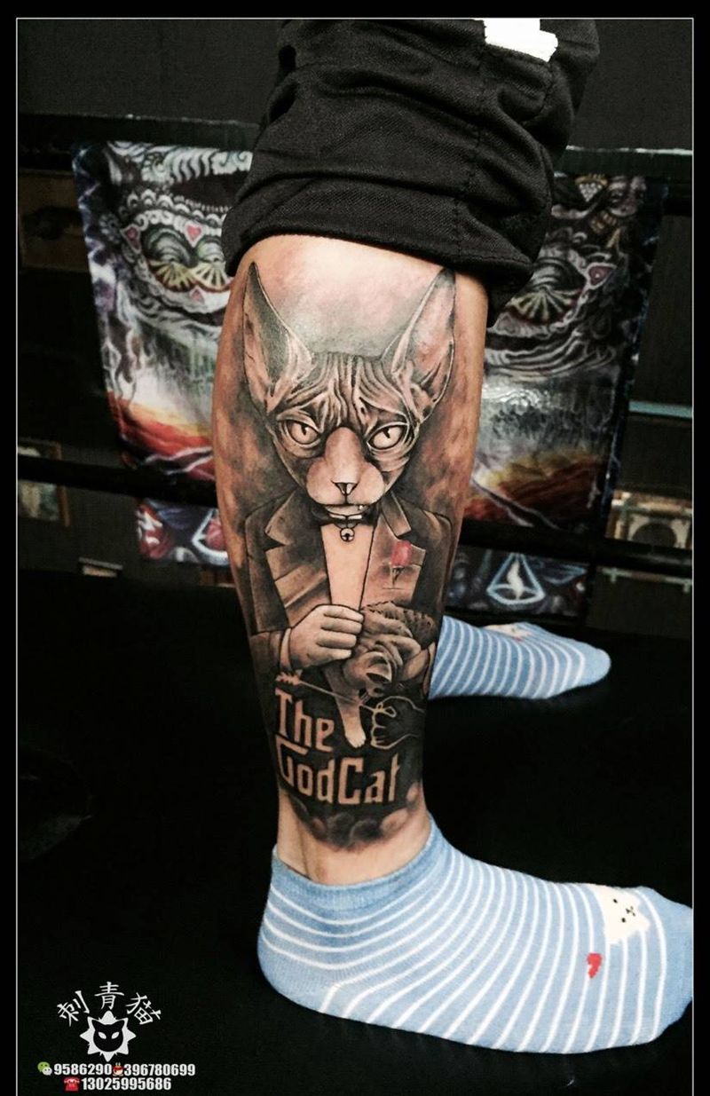 斯芬克斯猫纹身图片_成品腿部脚部欧美清新动物猫咪纹身图案