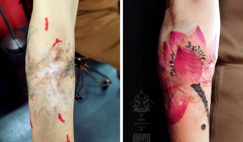 盖疤之莲纹身图片_成品国画手部纹身图案