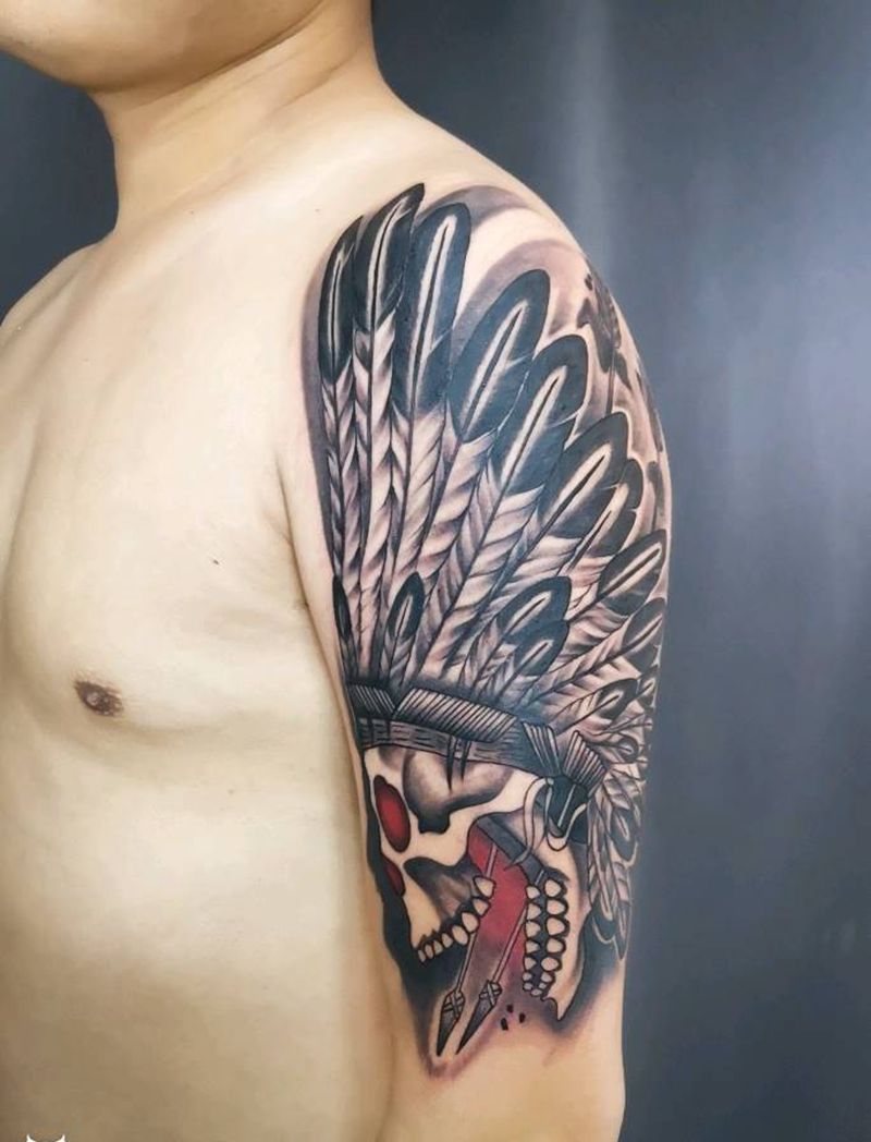 骷髅印第安纹身图片_手臂新传统纹身图案