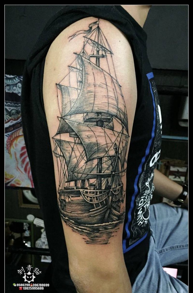 帆船纹身图片_成品手臂手部欧美静物点线帆船纹身图案