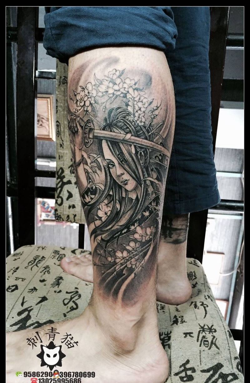 姬武士纹身图片_成品腿部脚部传统清新人物纹身图案