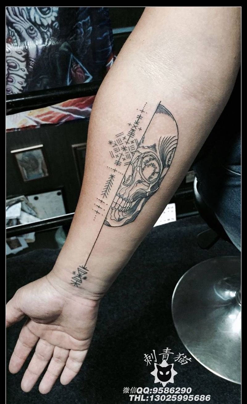 几何骷髅纹身图片_成品手臂手部欧美几何骷髅纹身图案
