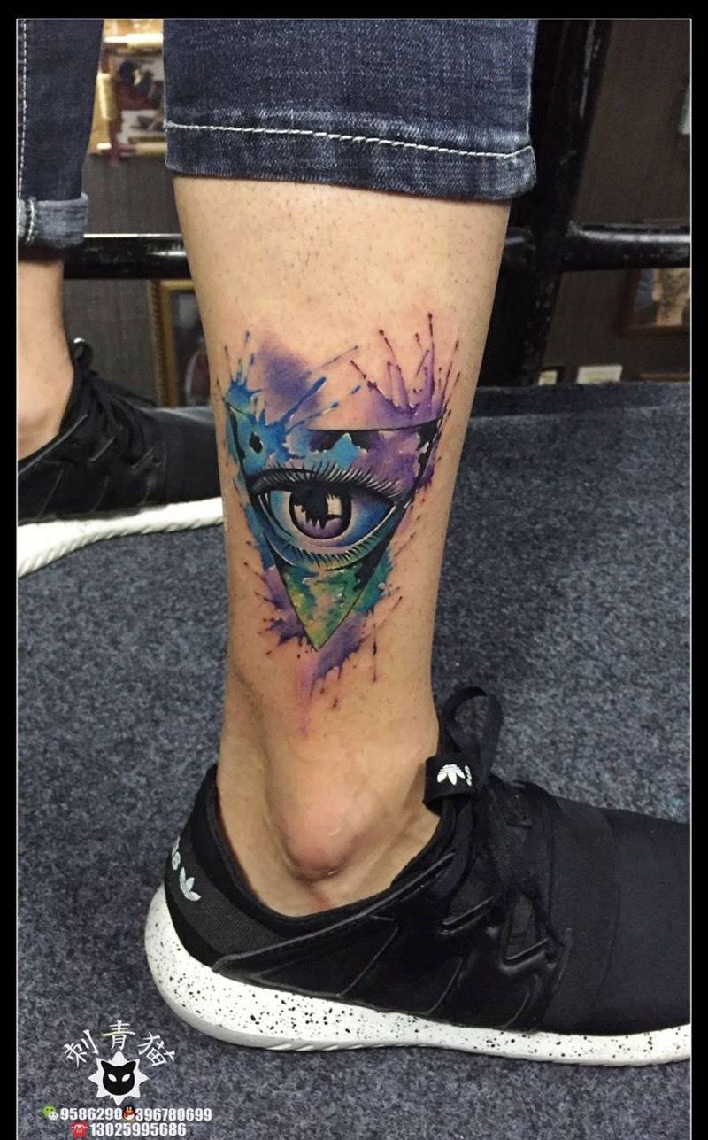 上帝之眼纹身图片_成品脚部腿部欧美清新静物水彩纹身图案