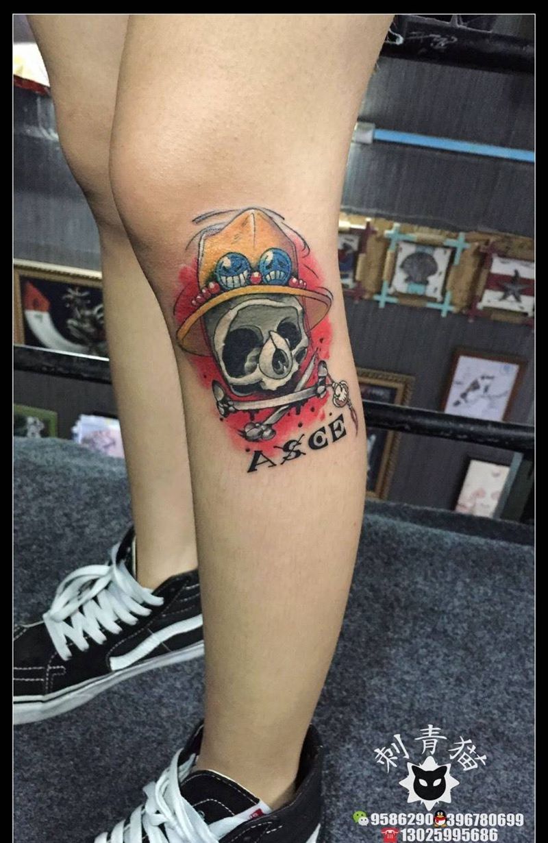 艾斯纹身图片_成品腿部欧美原创清新人物海贼王艾斯纹身图案