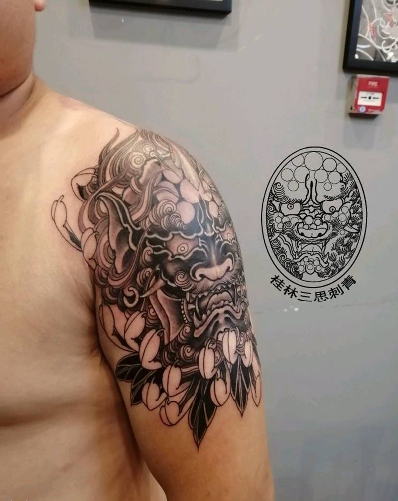 唐狮纹身图片_肩部手臂新传统纹身图案