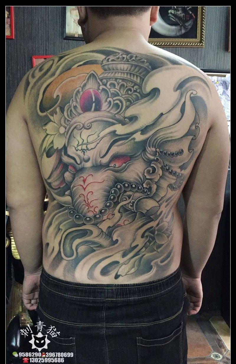 象神纹身图片_成品背部传统动物鬼神象神纹身图案