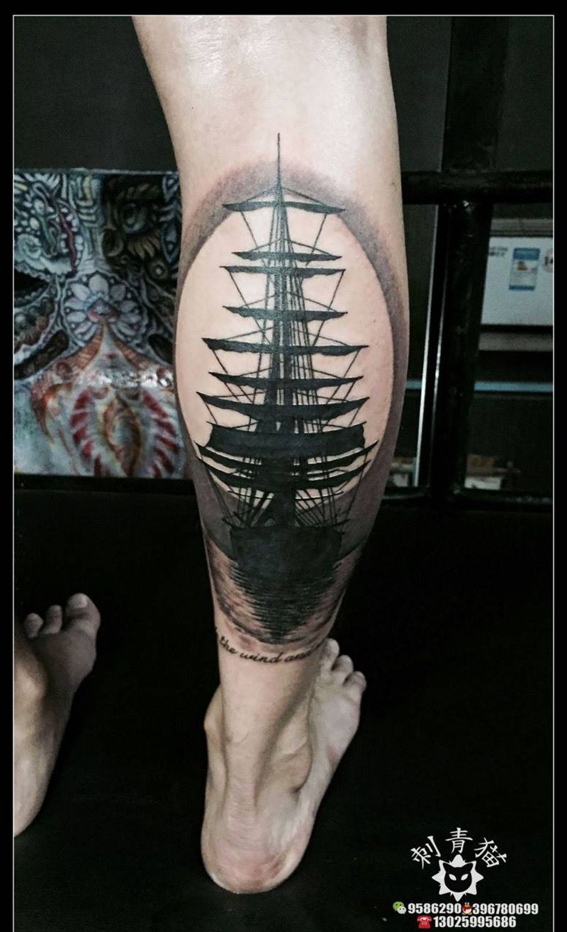 帆船纹身图片_成品腿部脚部欧美清新静物帆船纹身图案