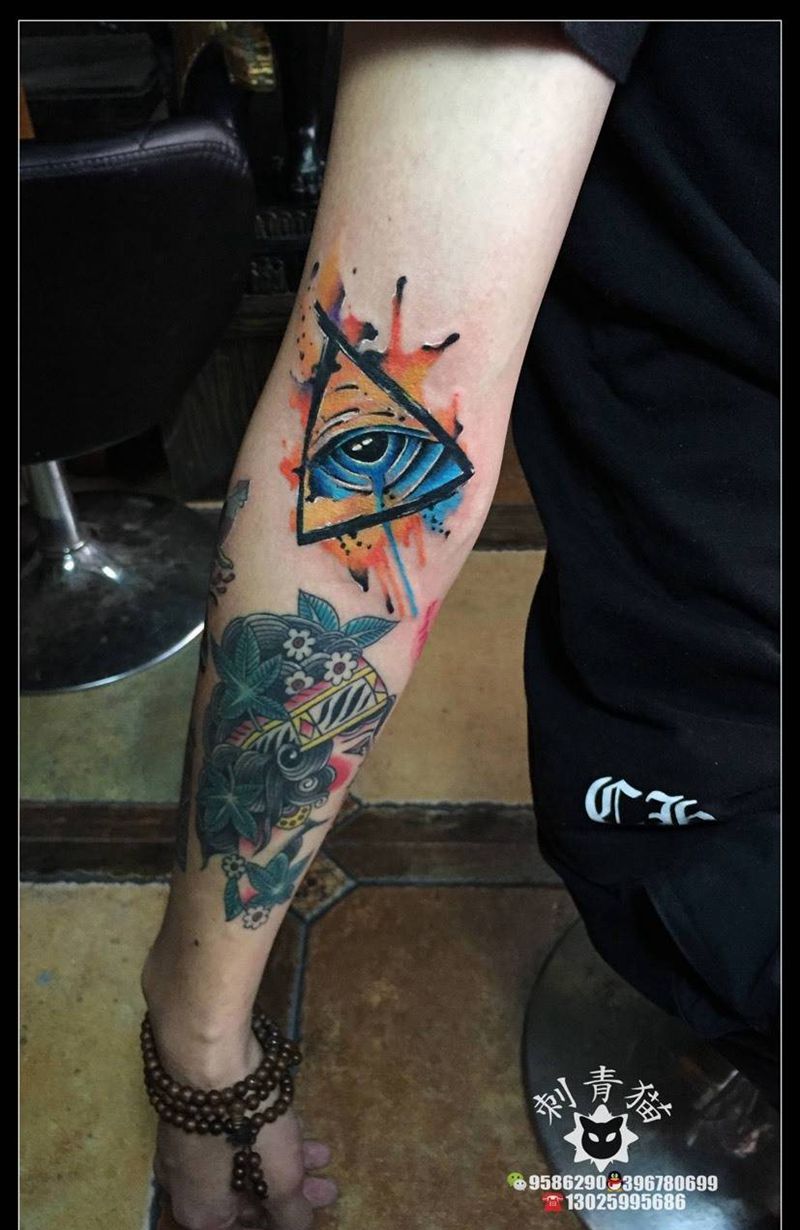 上帝之眼纹身图片_成品手臂手部欧美清新水彩眼睛纹身图案