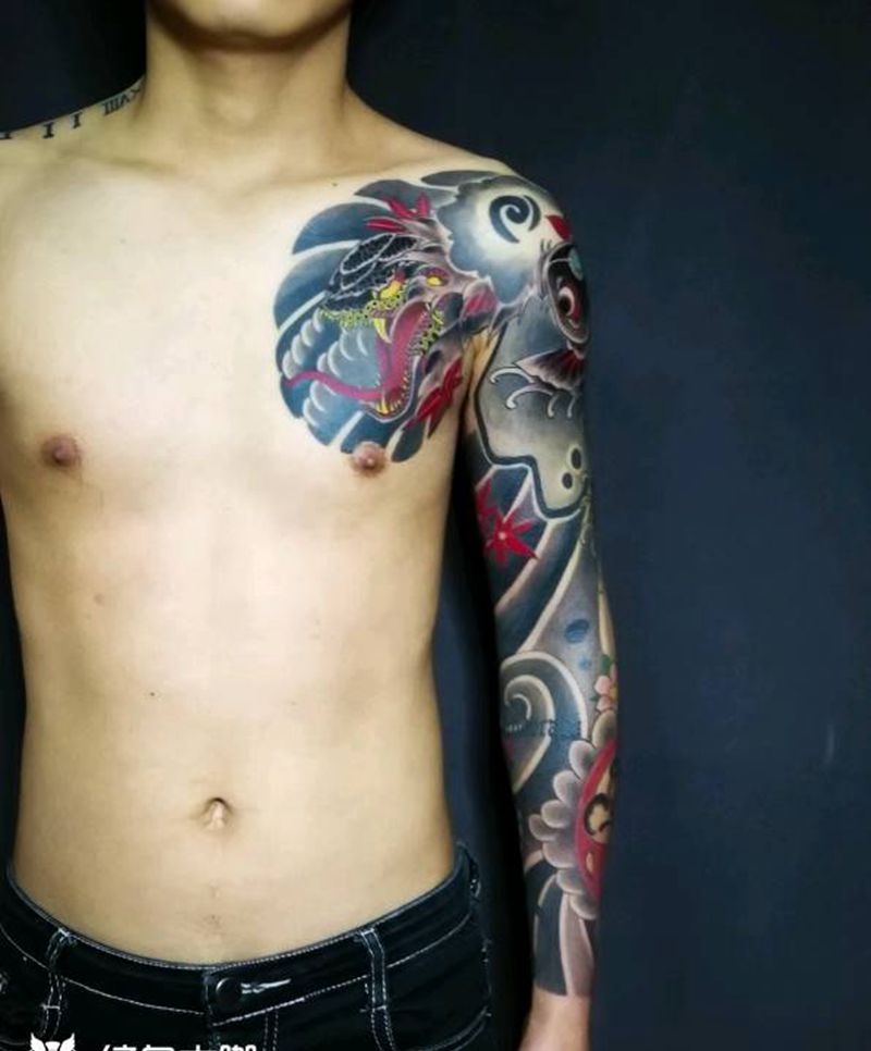 日式传统花臂纹身图片_手臂老传统纹身图案