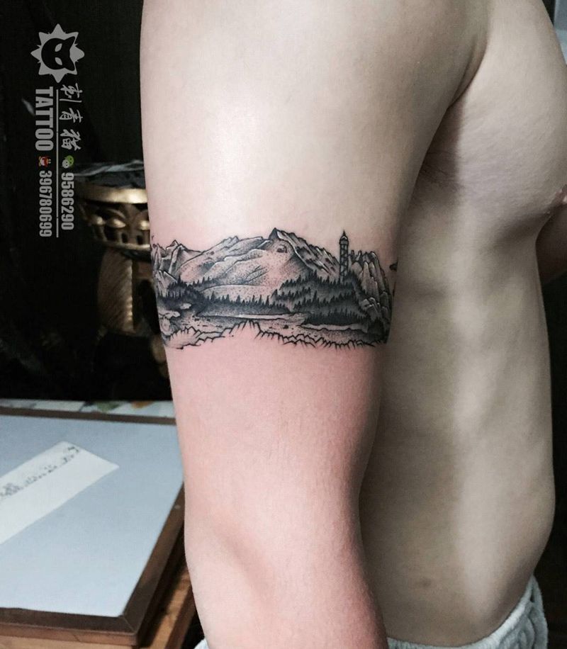 点刺风景臂环纹身图片_成品手臂手部欧美清新植物几何点刺点线臂环纹身图案