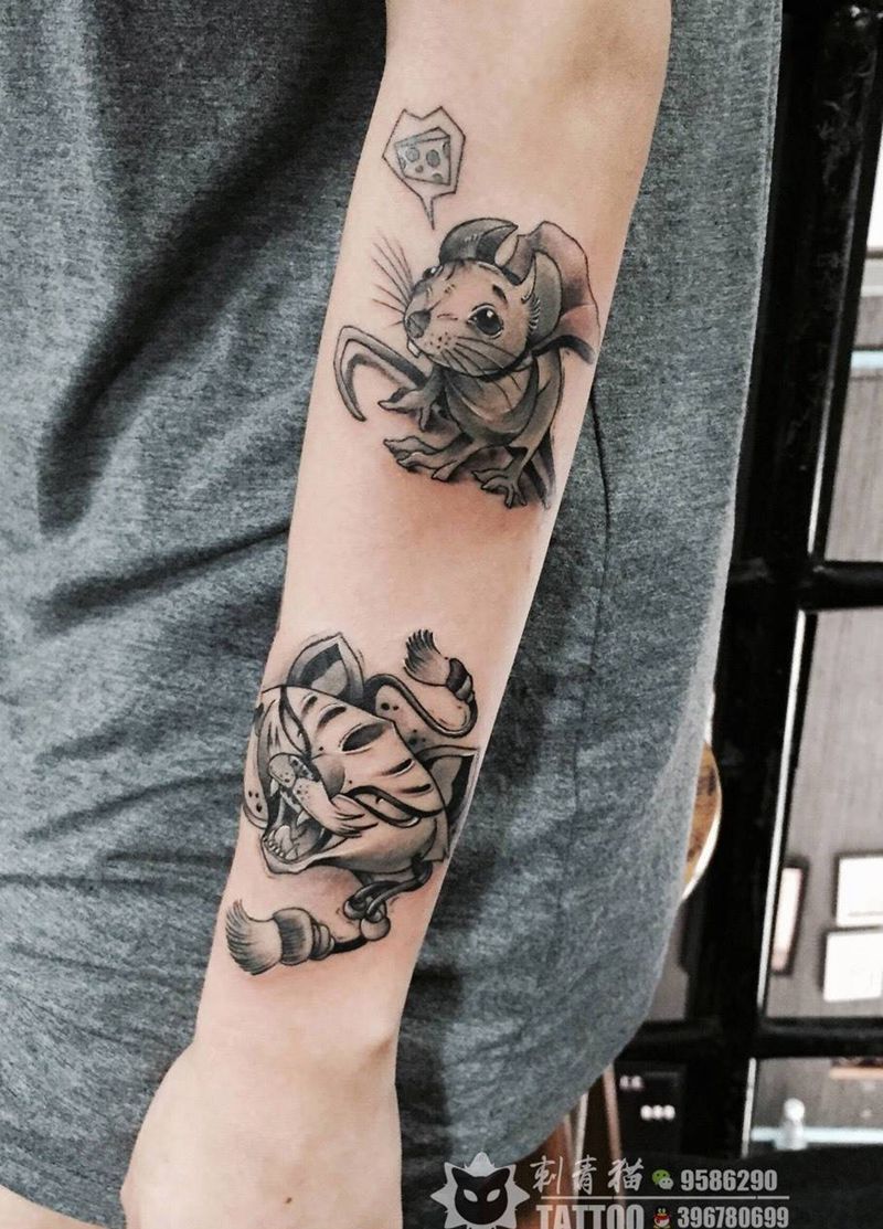 小老鼠.狐狸纹身图片_成品手臂手部传统清新动物老鼠狐狸纹身图案
