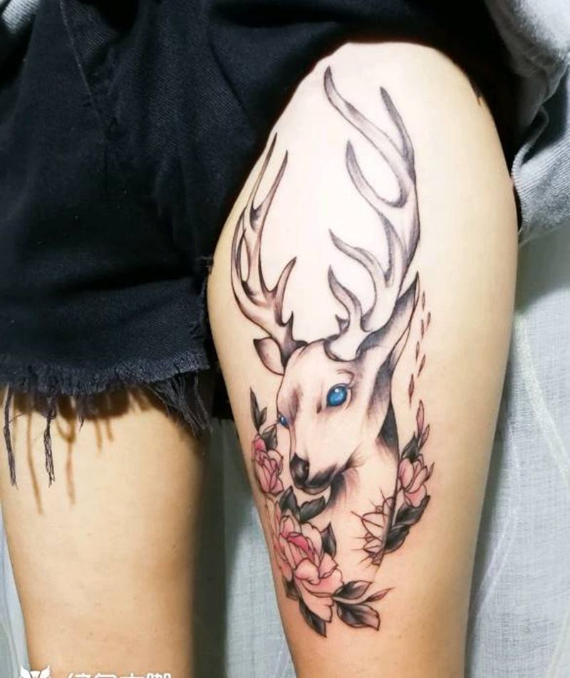 麋鹿纹身图片_腿部纹身图案