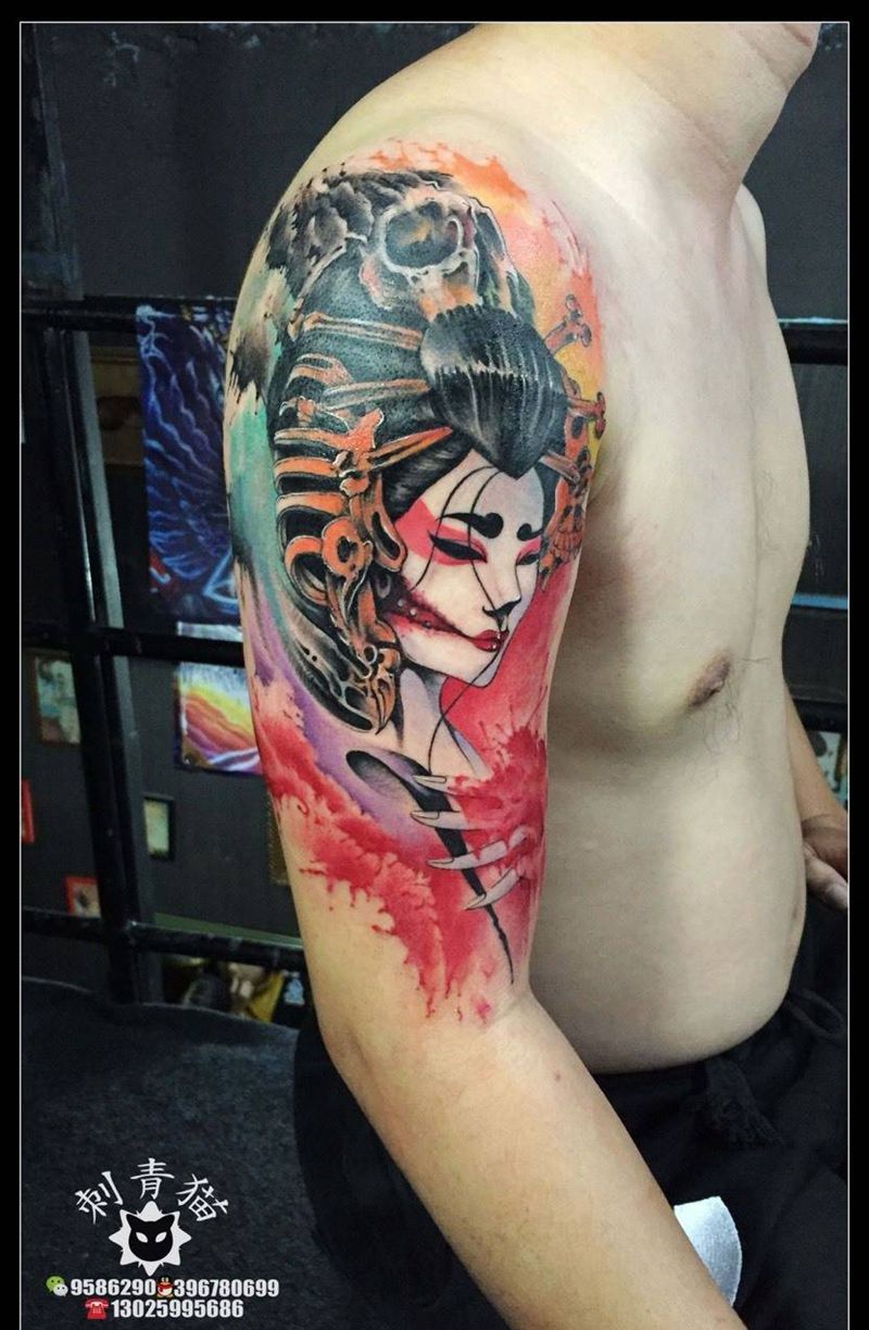艺伎纹身图片_成品手臂手部传统欧美清新人物水彩艺妓纹身图案