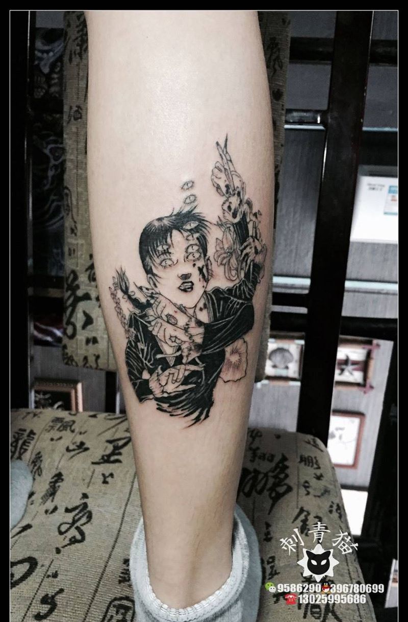 丸尾末广纹身图片_成品脚部腿部欧美清新人物插画纹身图案
