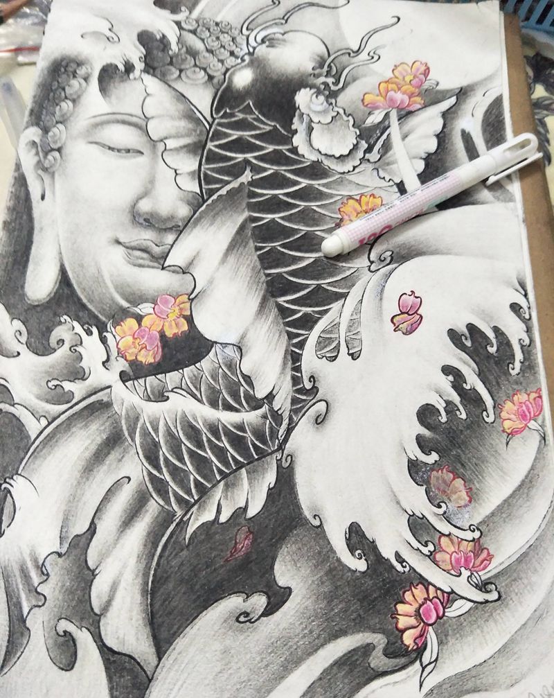 临摹<鲤鱼佛头>纹身图片