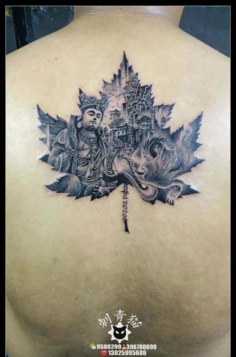 枫叶纹身图片_成品颈部背部传统宗教纹身图案