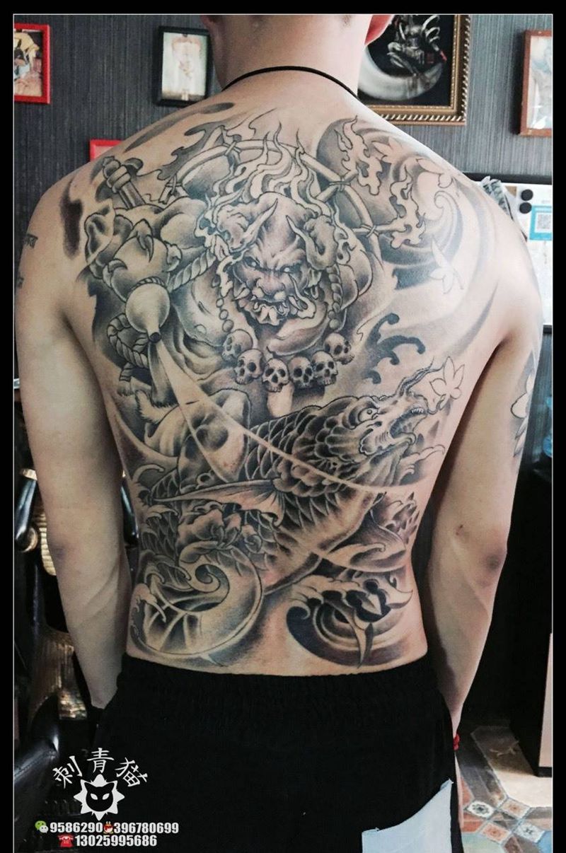 夜叉纹身图片_成品背部传统人物鬼神夜叉纹身图案
