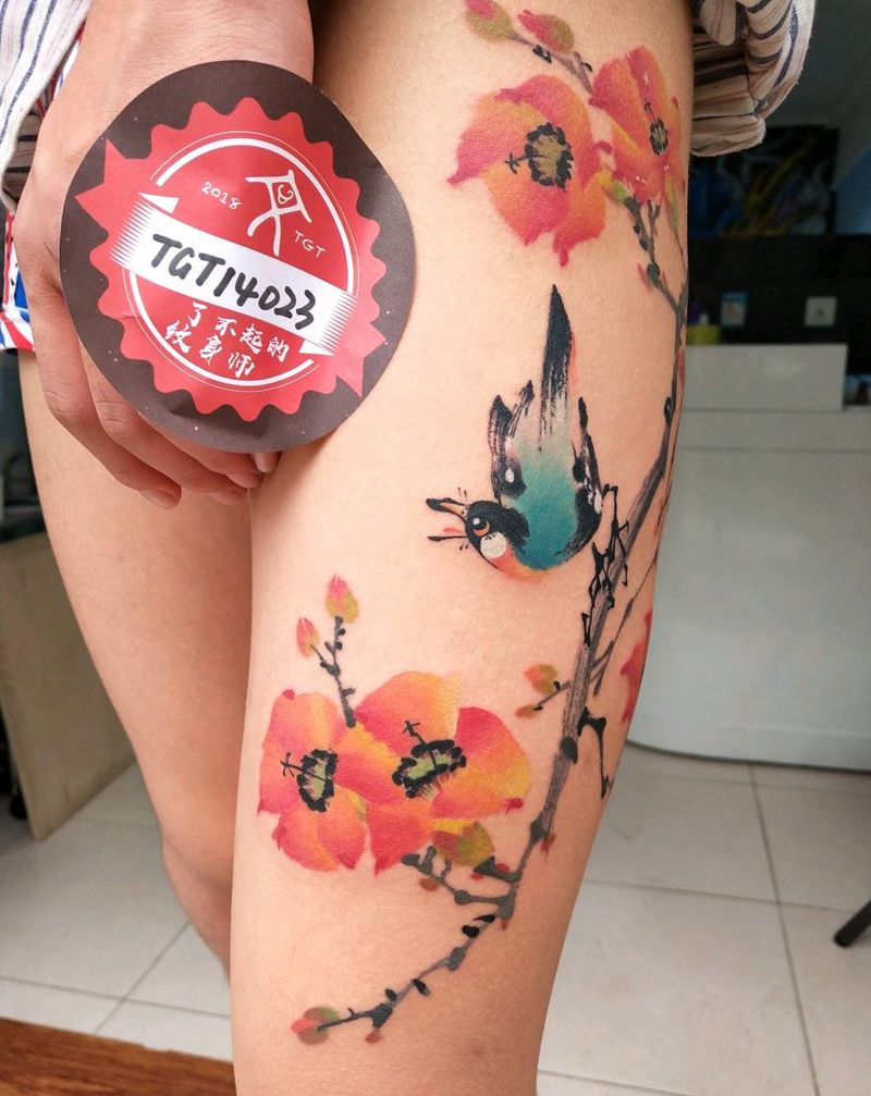 水墨花鸟。纹身图片_臀部腿部水彩水墨纹身图案