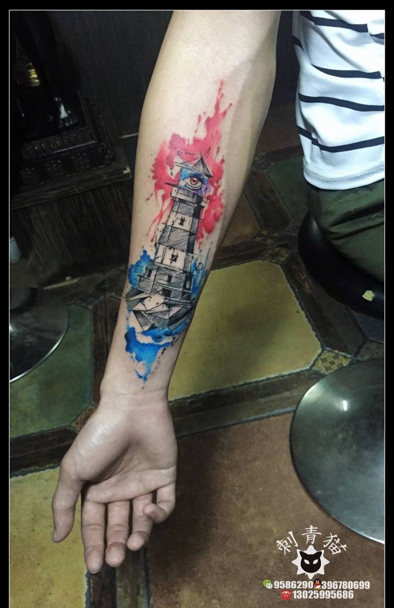 灯塔纹身图片_成品手臂手部欧美清新水彩灯塔纹身图案