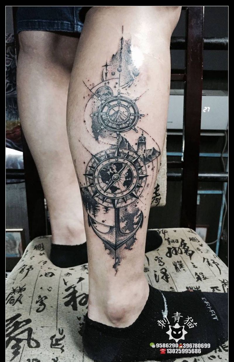 指南针纹身图片_成品腿部脚部欧美清新点线点刺灯塔指南针纹身图案