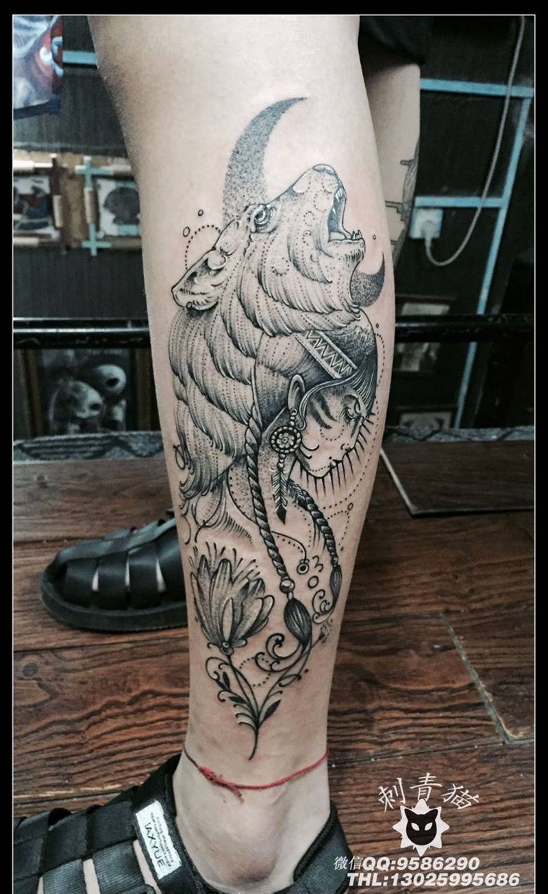 狼.印第安女郎纹身图片_成品腿部欧美动物点线纹身图案