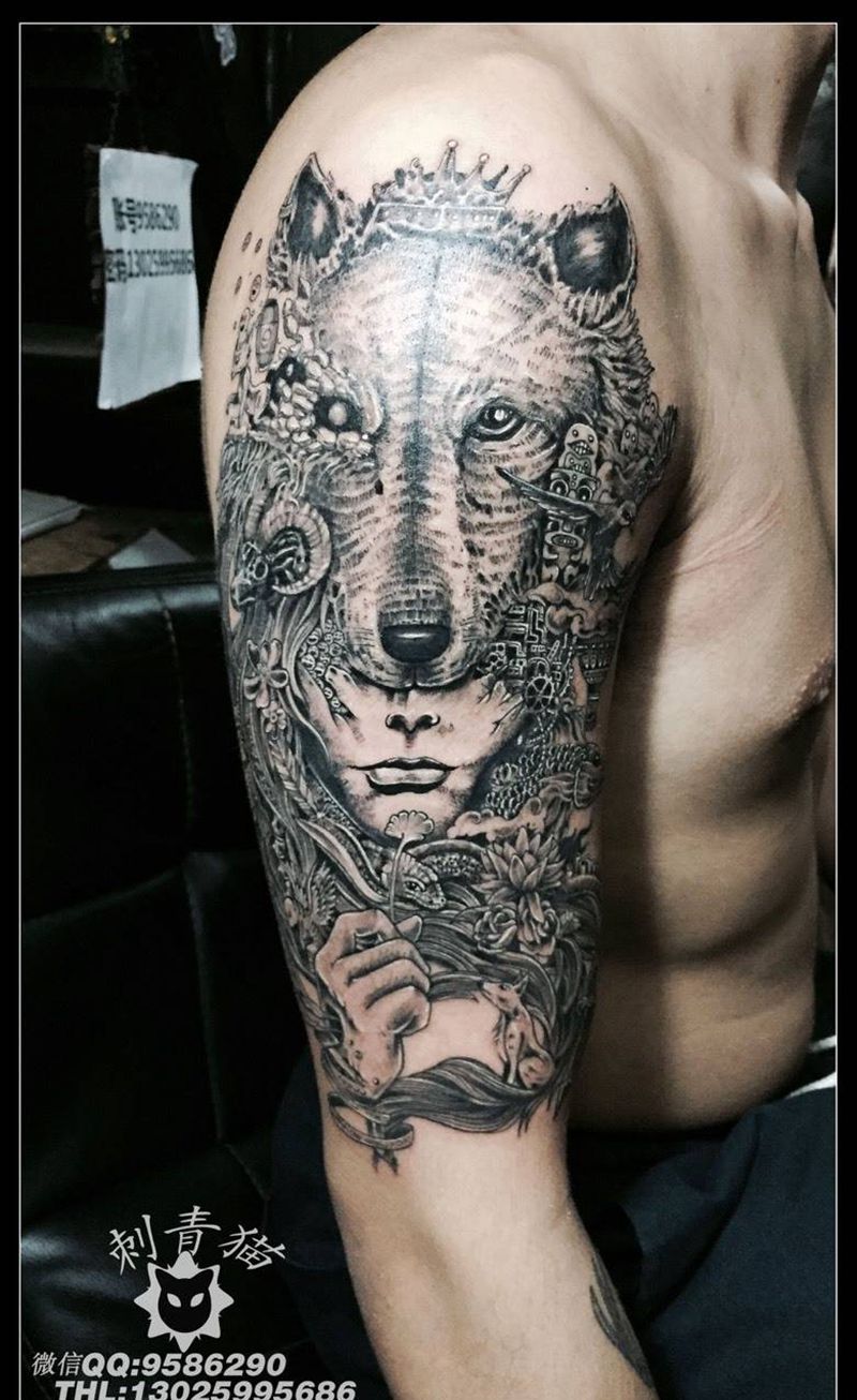 插画纹身图片_成品手臂欧美插画动物人物手绘狼头纹身图案