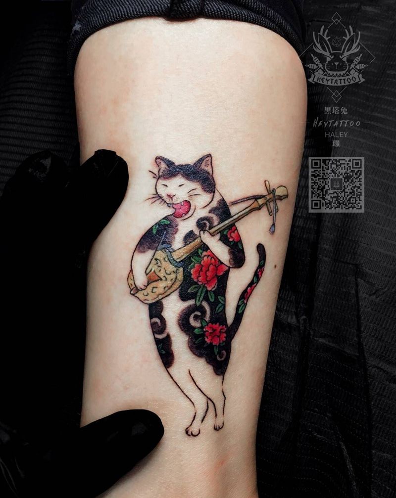 浮世绘喵纹身图片_成品腿部清新纹身图案