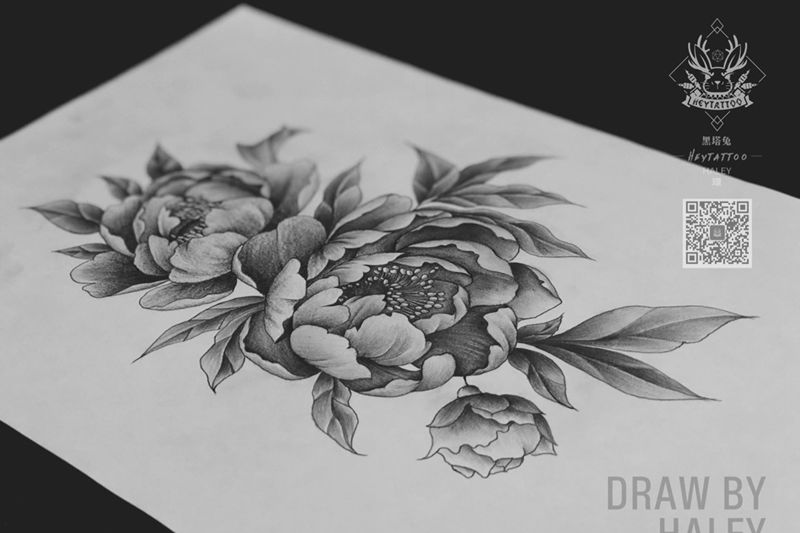 手肘牡丹纹身图片_手稿成品手部清新植物纹身图案
