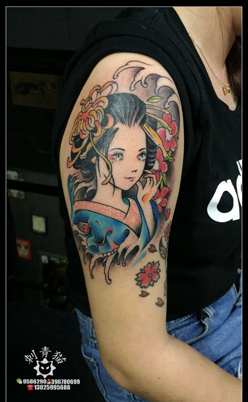 艺妓纹身图片_成品手臂手部传统清新人物纹身图案