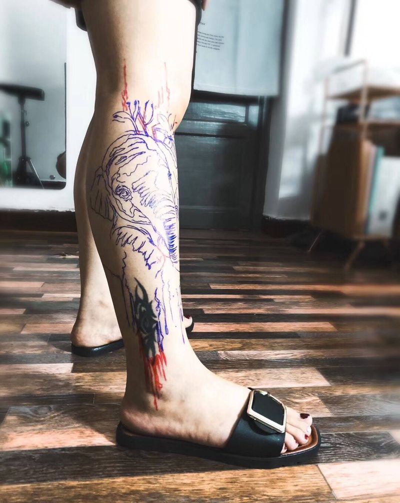 [遮盖]原创之水彩小象纹身图片_手稿成品腿部动物水彩纹身图案