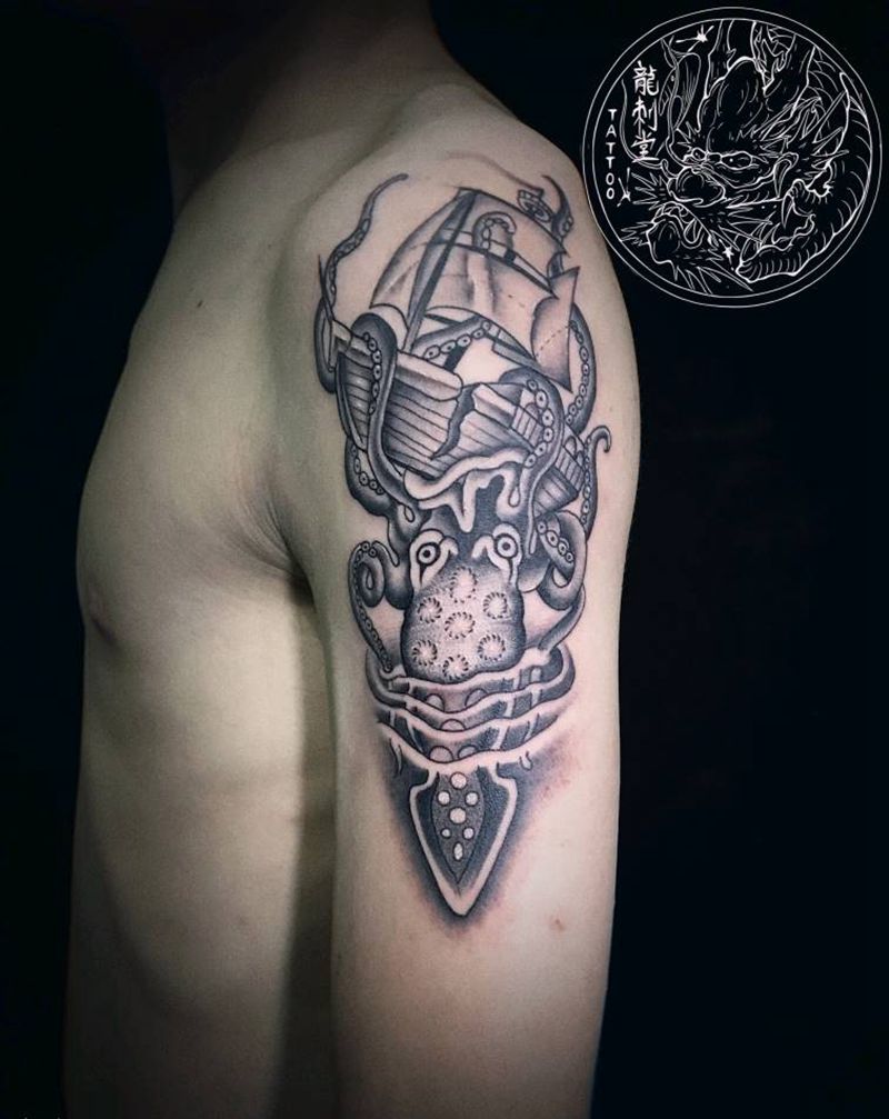 章鱼纹身图片_手臂新传统动物章鱼纹身图案