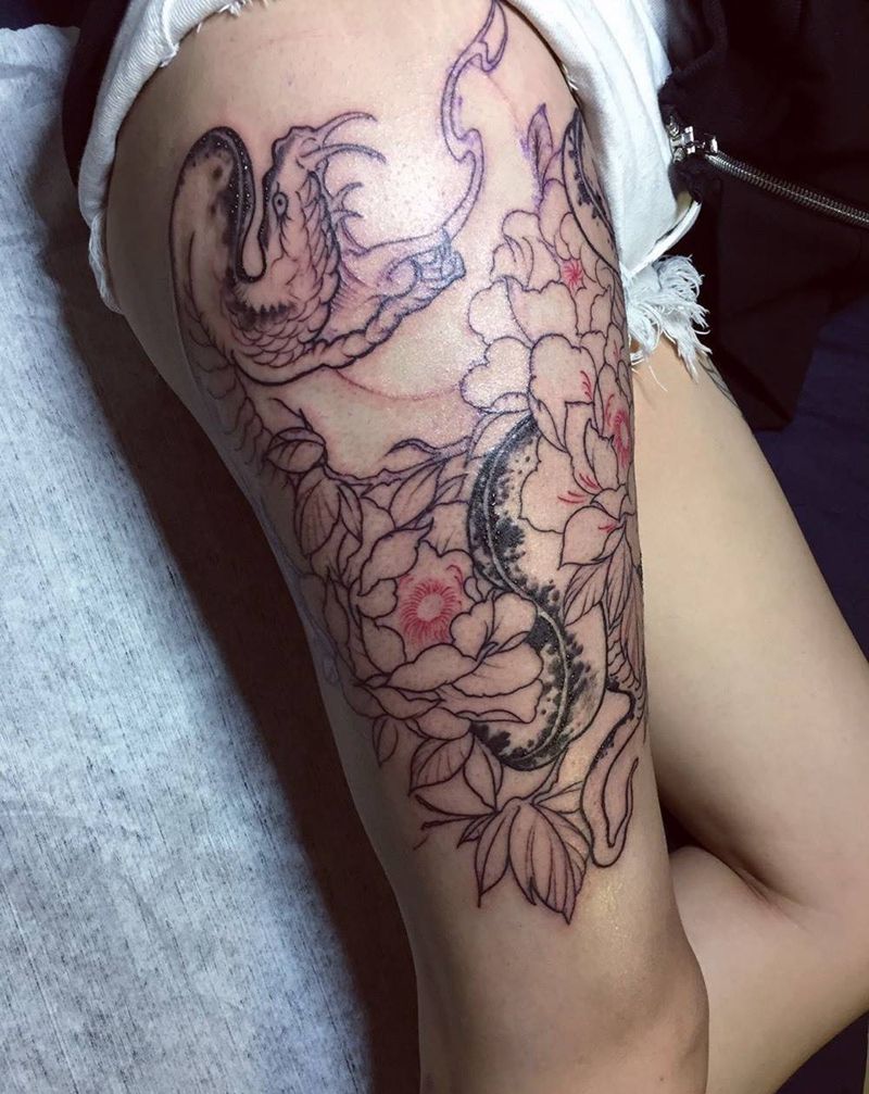 花腿 线条纹身图片