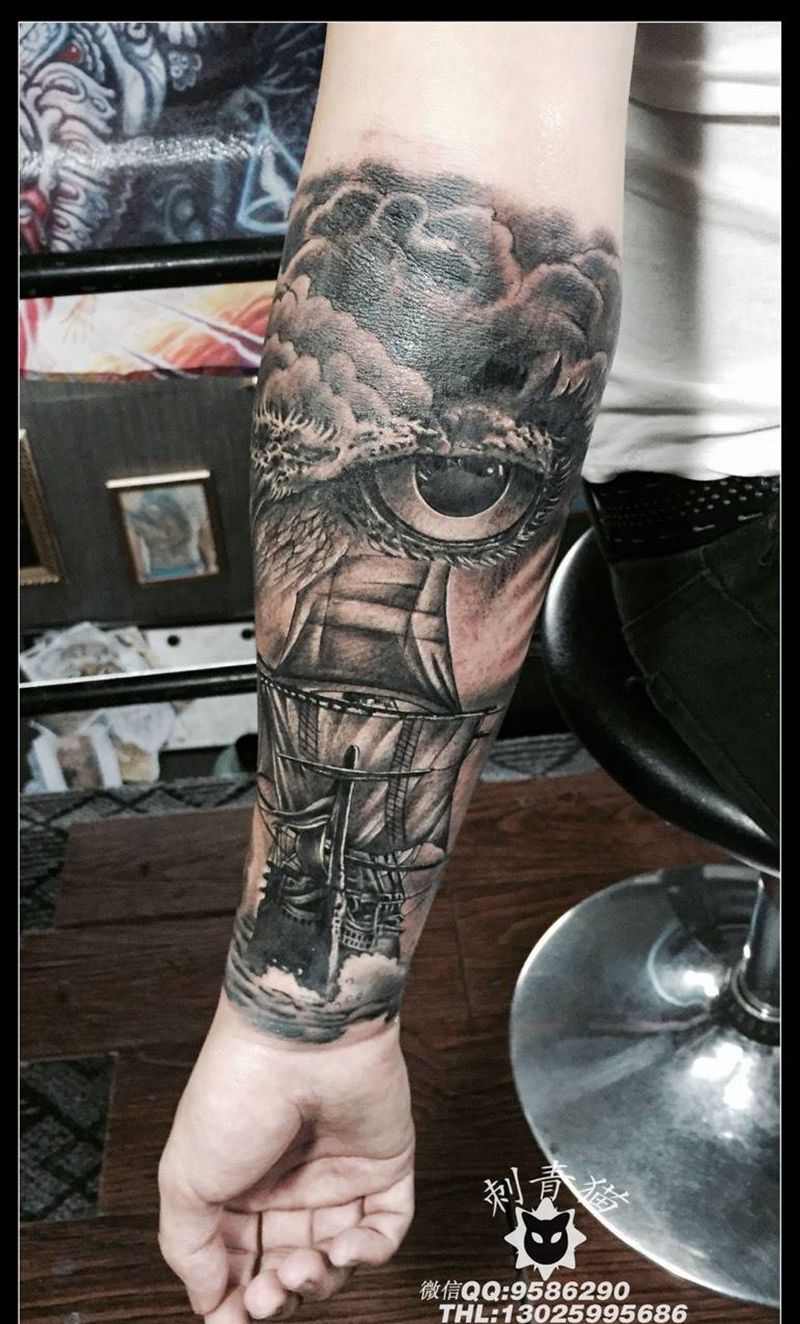 帆船纹身图片_成品手臂欧美猫头鹰帆船纹身图案