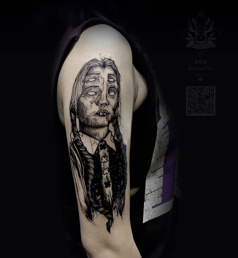 暗黑系女子纹身图片_手臂暗黑人物成品纹身图案