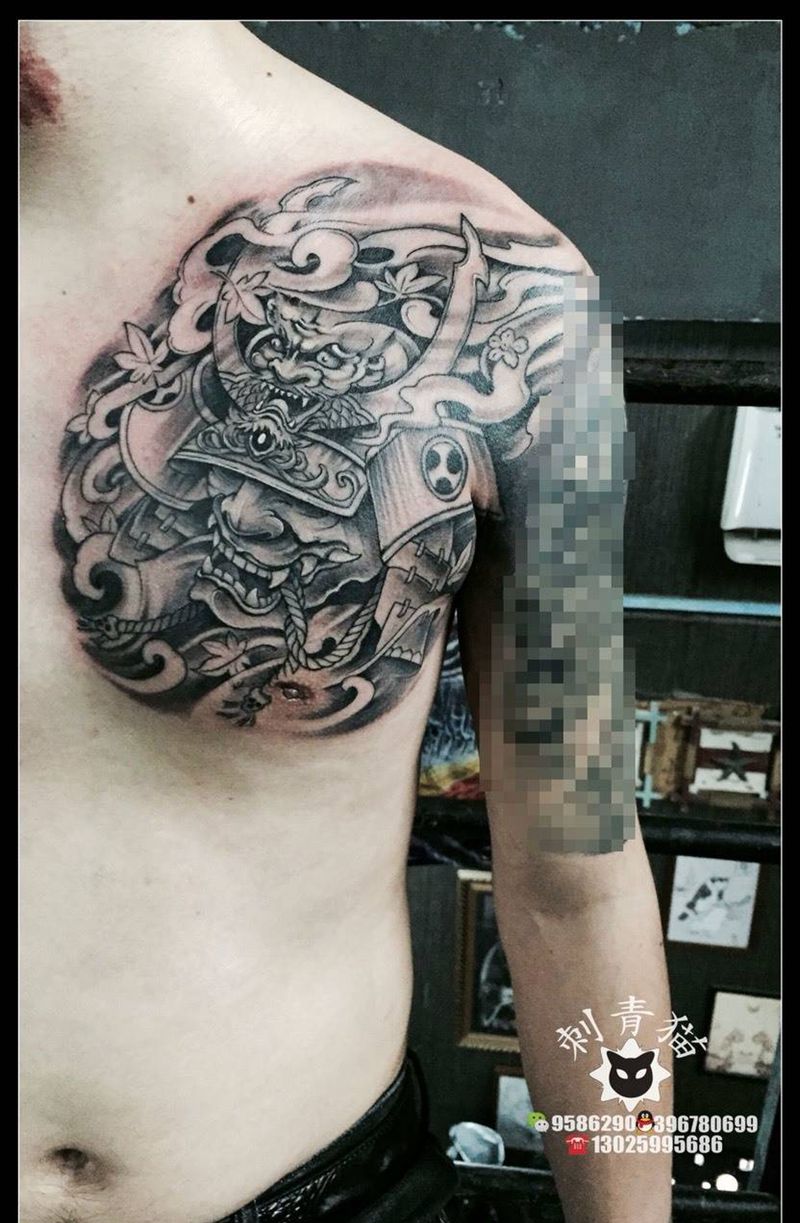 鬼武者纹身图片_成品胸部传统人物鬼神般若鬼武士纹身图案