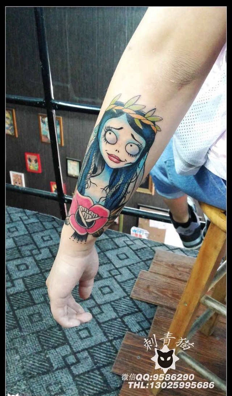 僵尸新娘纹身纹身图片_成品手臂手部欧美清新人物纹身图案