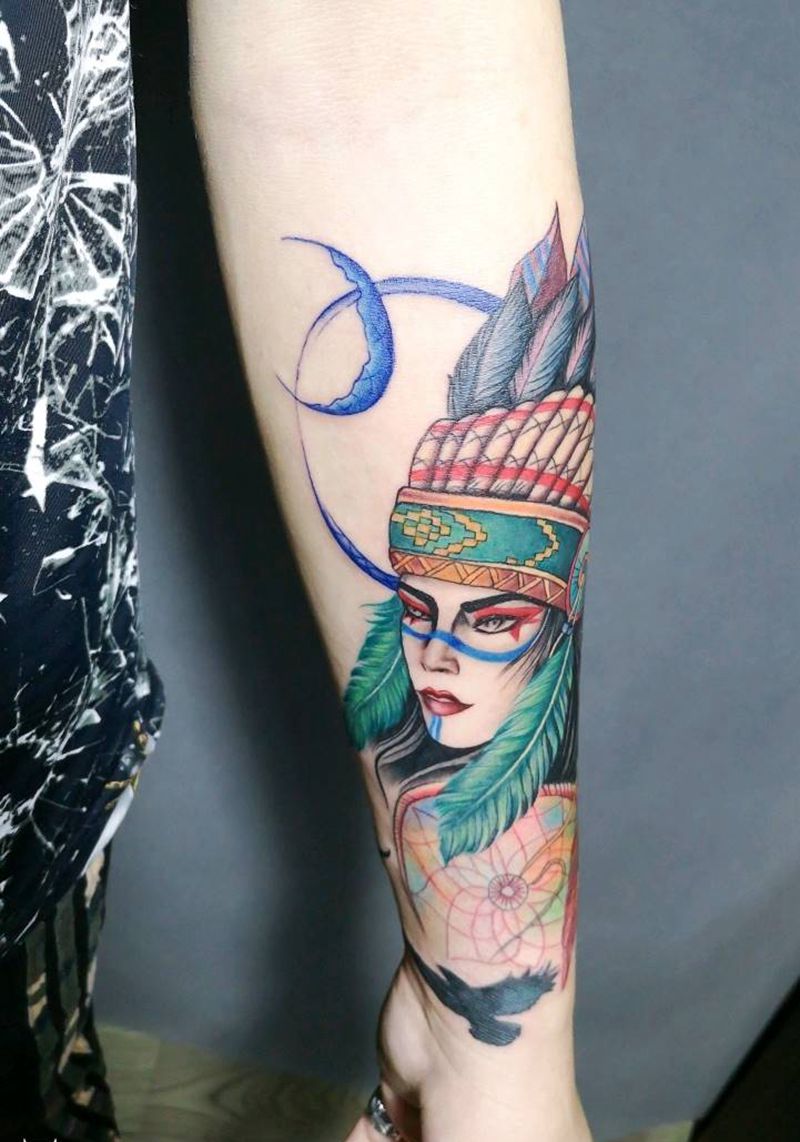 印第安女郎纹身图片_手臂新传统印第安女郎纹身图案