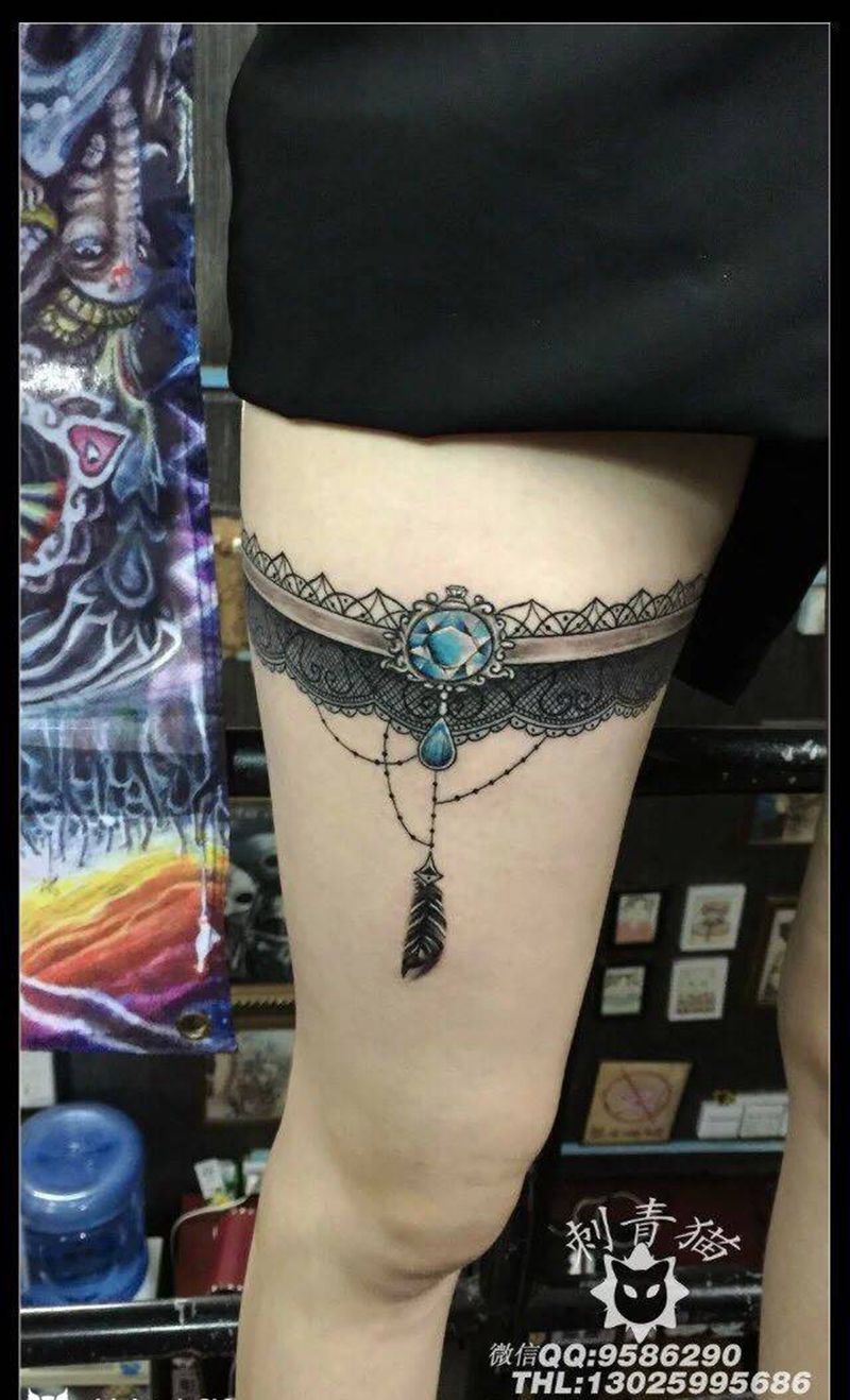 蕾丝纹身图片_成品腿部欧美清新蕾丝纹身图案