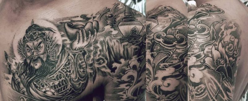 黄财神半甲纹身图片_肩部胸部新传统纹身图案