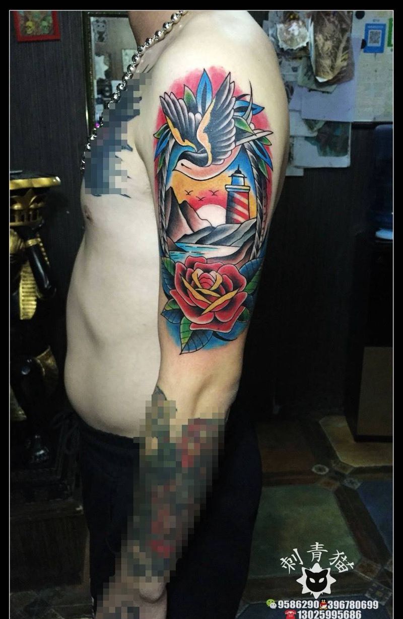 old school燕子灯塔玫瑰纹身图片_成品手臂手部欧美动物植物灯塔玫瑰燕子纹身图案