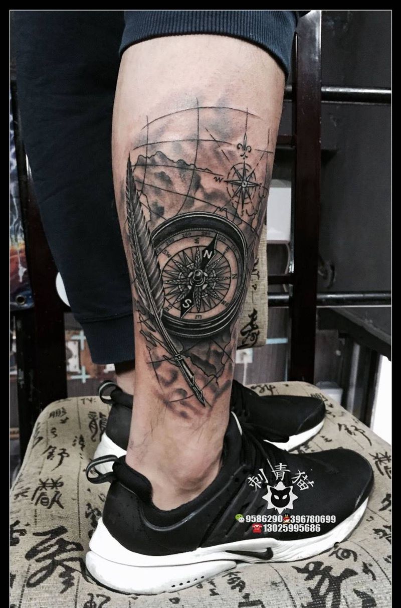 指南针纹身图片_成品腿部欧美静物指南针航海纹身图案