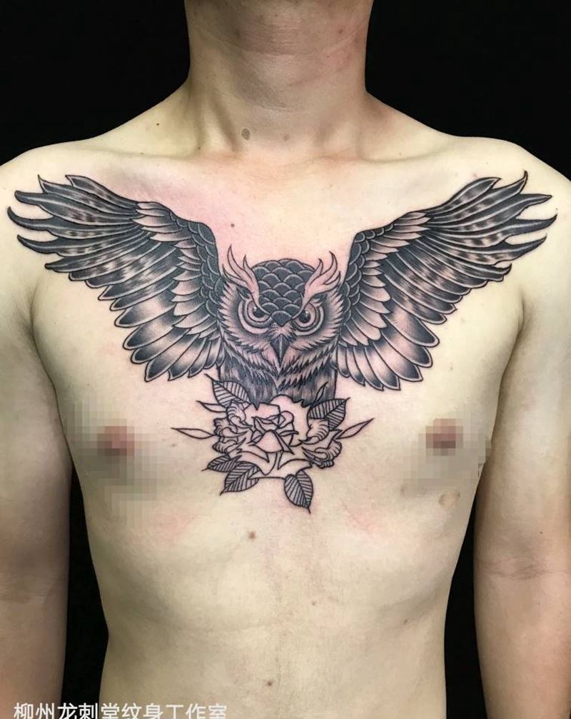 欧美风纹身图片_胸部新传统猫头鹰纹身图案