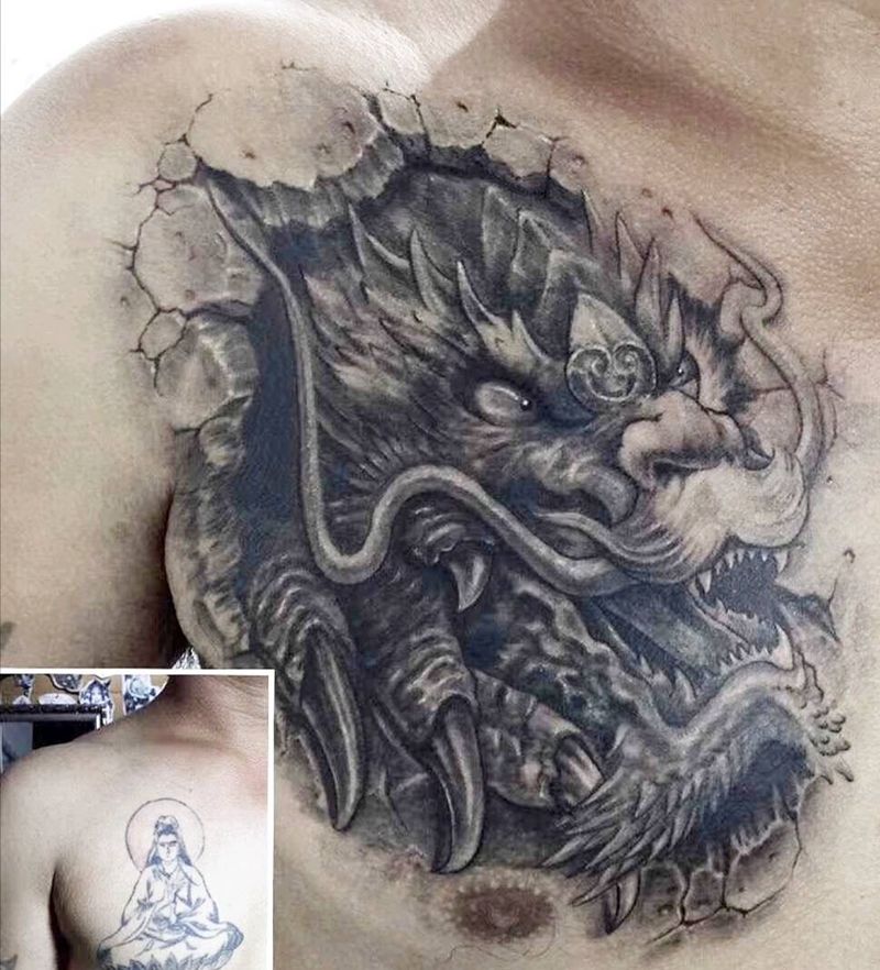 龙头纹身图片_胸部肩部纹身图案