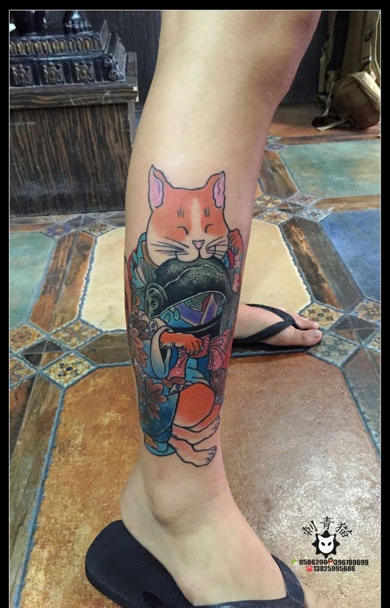 浮世绘猫咪纹身图片_成品腿部欧美动物纹身图案
