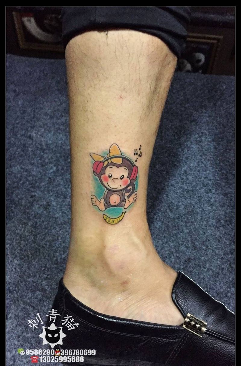 小猴子纹身图片_成品腿部脚部欧美清新动物猴子纹身图案