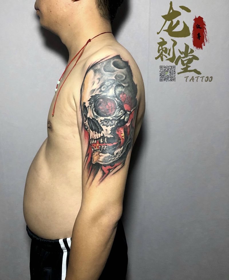 覆盖旧文身纹身图片_手臂欧美写实骷髅头纹身图案