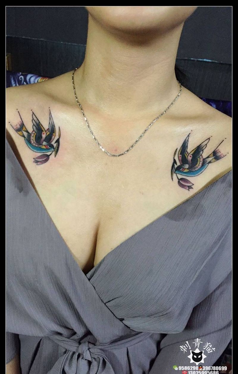 燕子纹身图片_成品颈部肩部欧美清新动物纹身图案